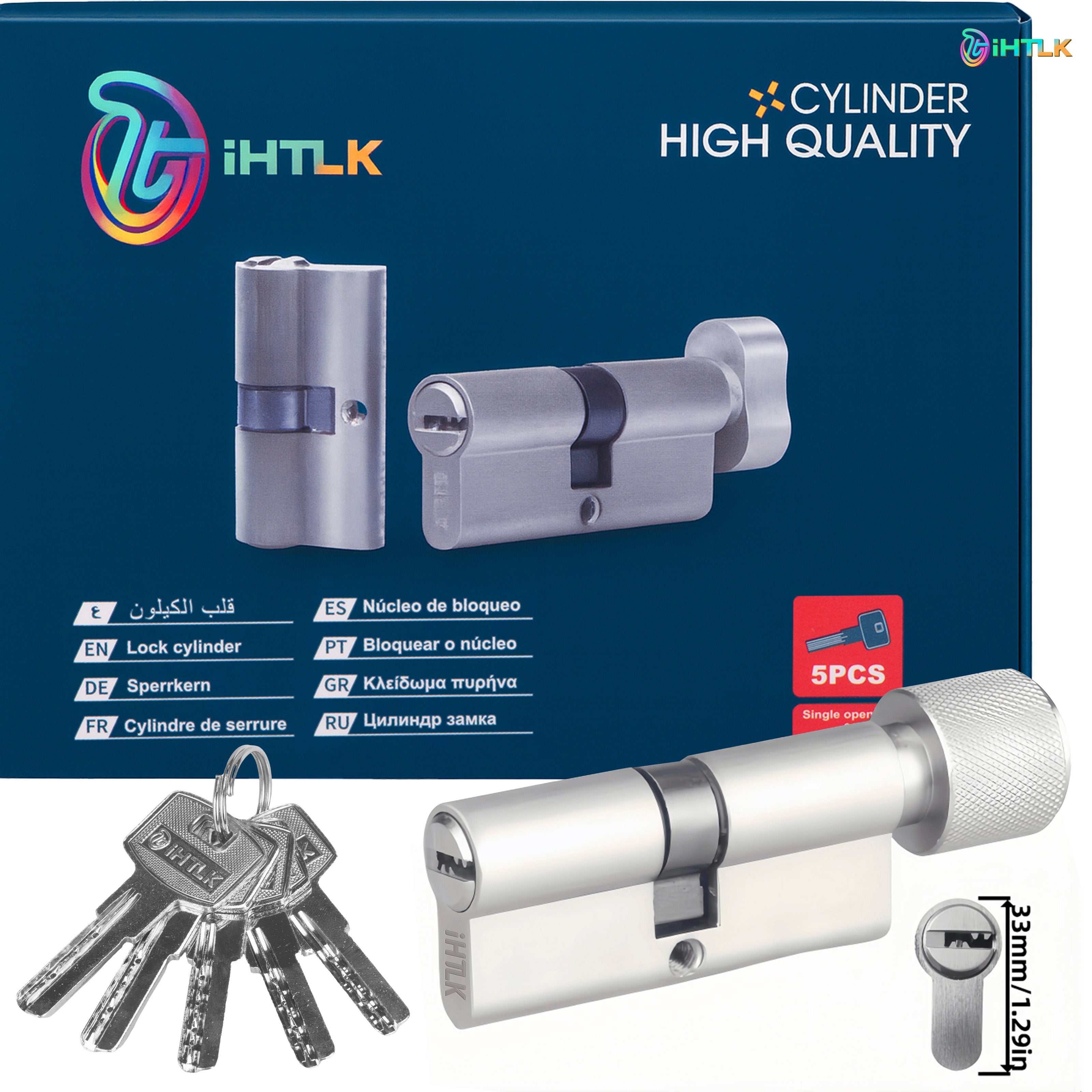 1 Piece Of European Standard Size, 70mm Length Knob Lock Cylinder, Lock Cylinder With 5 Keys, Suitable For Anti-Theft Doors, Office Doors, Stainless Steel Doors, Indoor Doors Secondary image