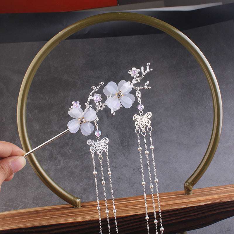 Ancient Style Hair Accessories Hanfu Plum Blossom Branch Tassel Hairpin White Flower Drill Secondary image