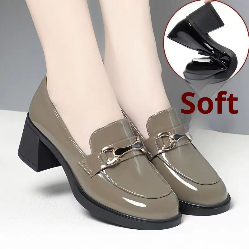Dark Green Glossy Chunky Heel Metal Buckle Loafers For Women Secondary image