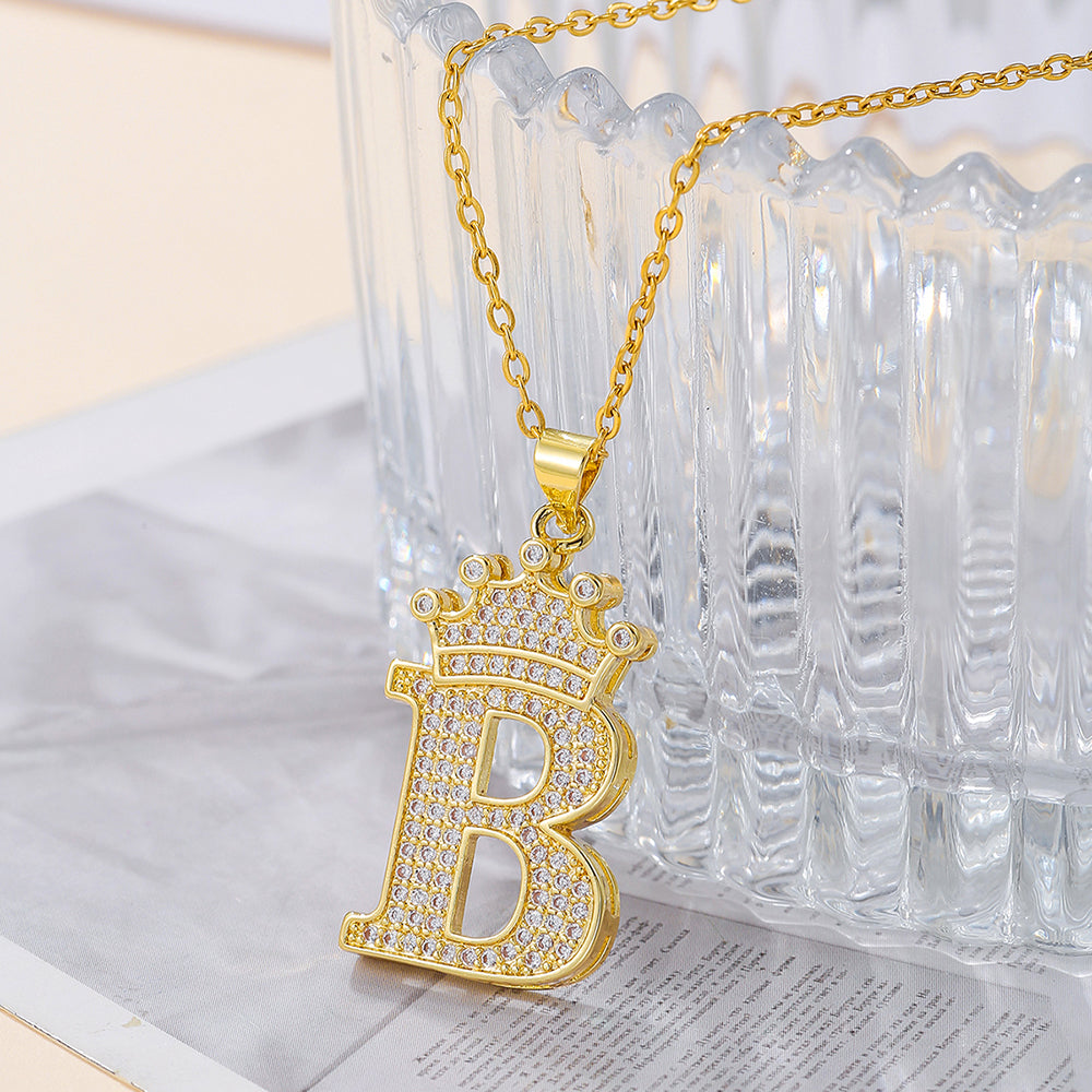 1PCS Fashionable Gold Diamond Crown Uppercase Letter Popular Pendant Necklace Suitable For Daily Use Festivals Parties Gifts Jewelry Set Secondary image